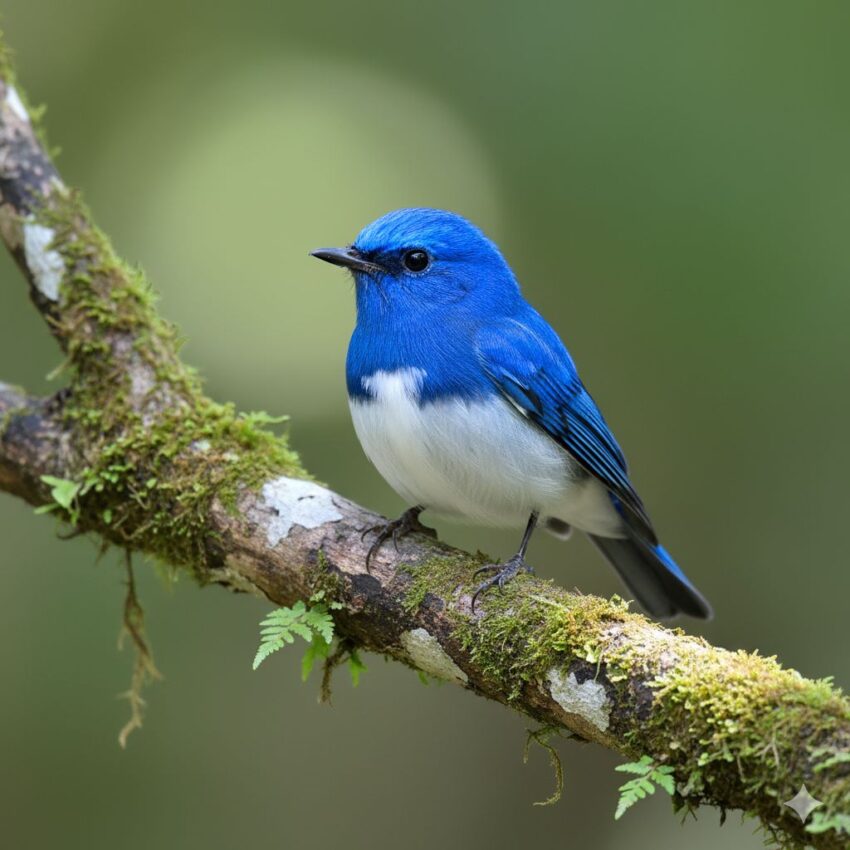 オオルリのオス、鮮やかな瑠璃色の背中と白い腹部