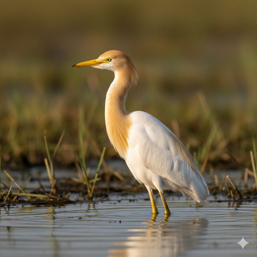アマサギの夏羽、頭から背中にかけて美しい飴色