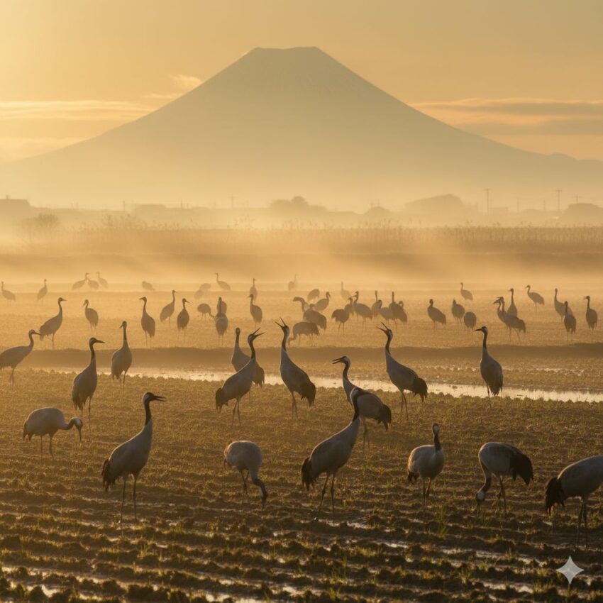 鹿児島県出水平野で越冬するナベヅルとマナヅルの群れ、朝霧の中