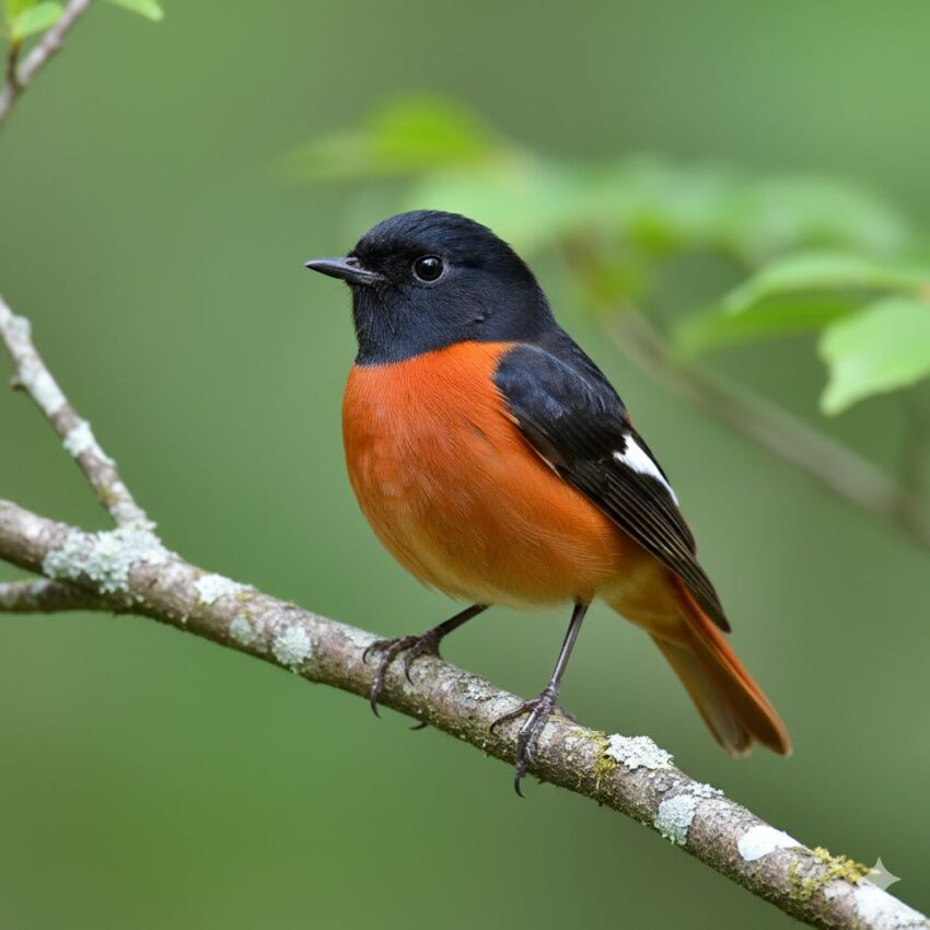 ジョウビタキのオス、黒い頭とオレンジ色の腹部