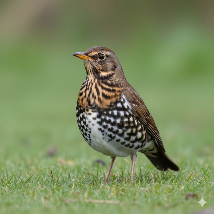 ツグミ、茶褐色の背中に黒い斑点模様