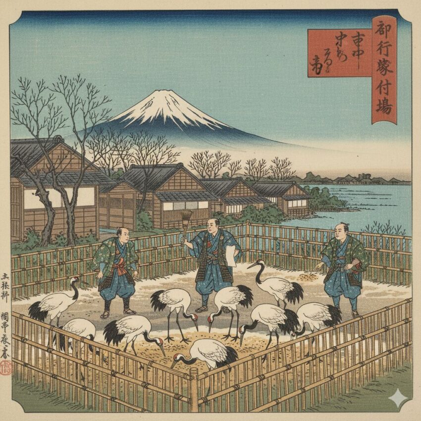 江戸時代の三河島「鶴御飼附場」を描いた歴史画風イラスト
