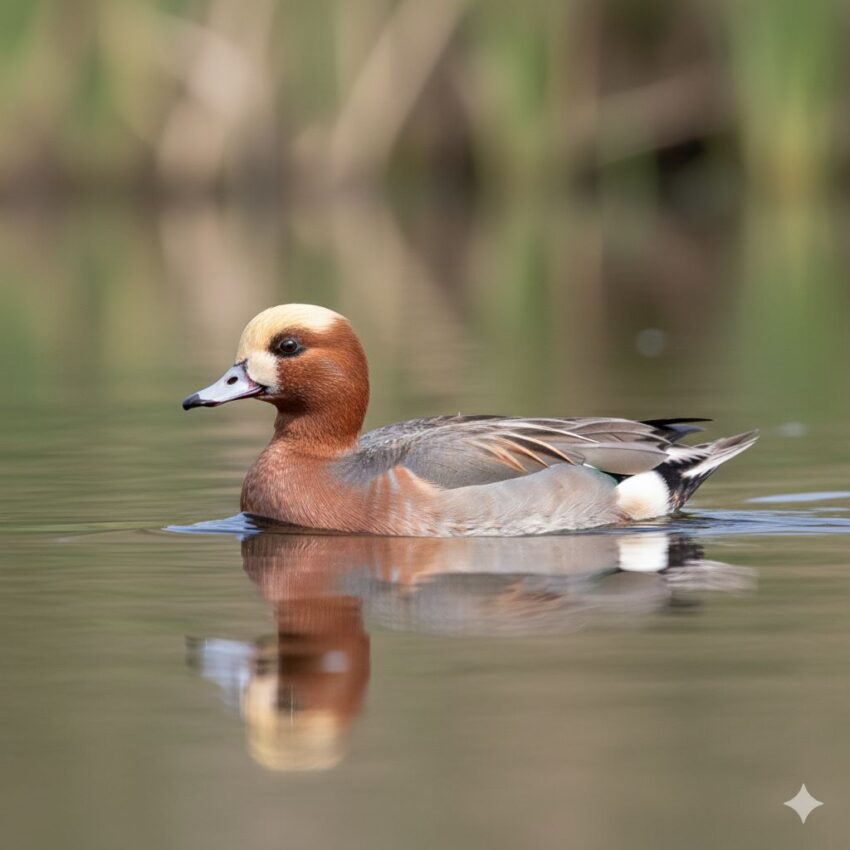 ヒドリガモのオス、黄白色の額が目立つ