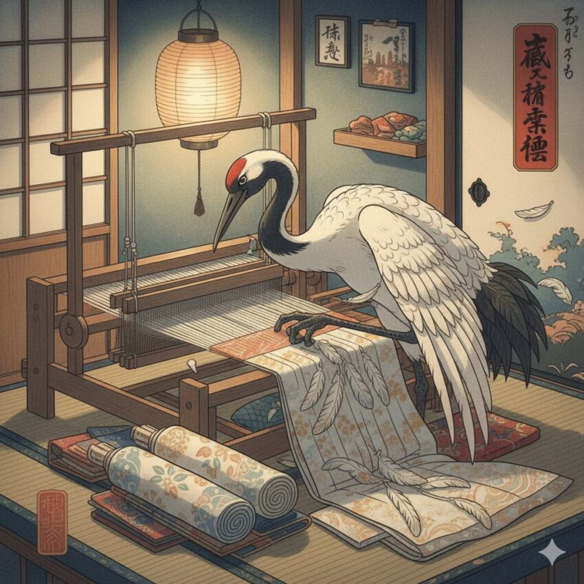 機織りをする鶴を描いた「鶴の恩返し」の民話イラスト