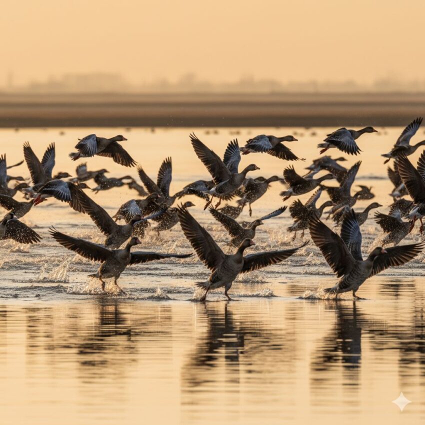 早朝に一斉に飛び立つマガンの大群、伊豆沼のフライトアウト