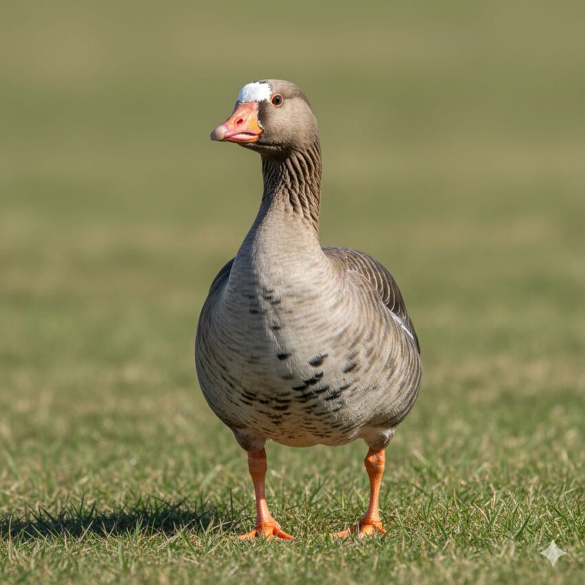 マガン、茶褐色の体とピンク色のくちばし、白い額