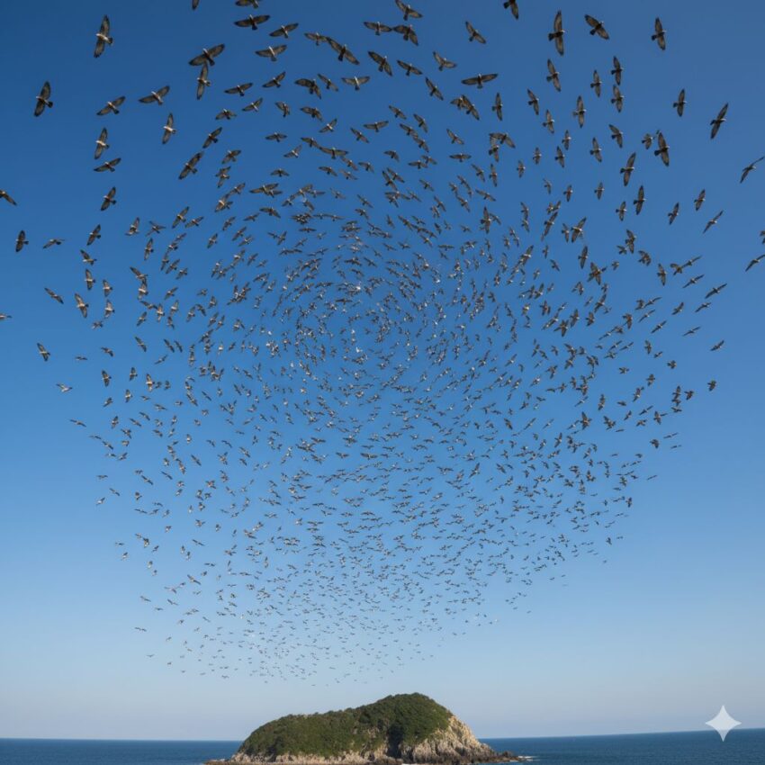 秋の渡りで上昇気流に乗って旋回するサシバの大群、タカ柱の光景