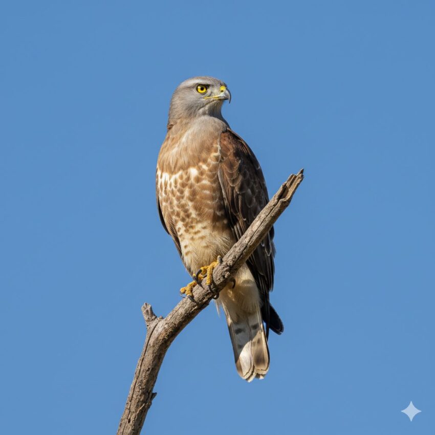 サシバの成鳥、茶褐色の羽毛と縞模様の尾