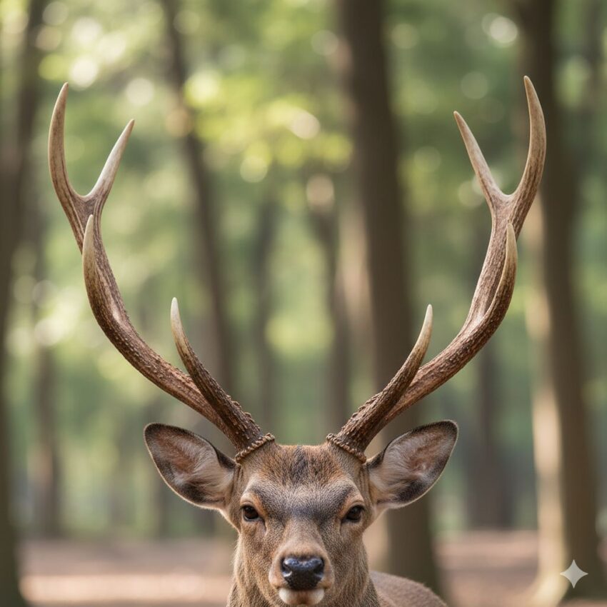 ニホンジカのオスの角のクローズアップ。前方・上方に伸びる枝分かれした典型的な形状が明瞭に見える