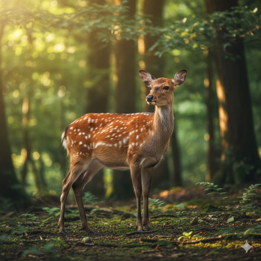 夏毛のニホンジカ。茶褐色の体に白い斑点模様（梅花鹿紋）が美しく、大きな白い尻斑も確認できる。