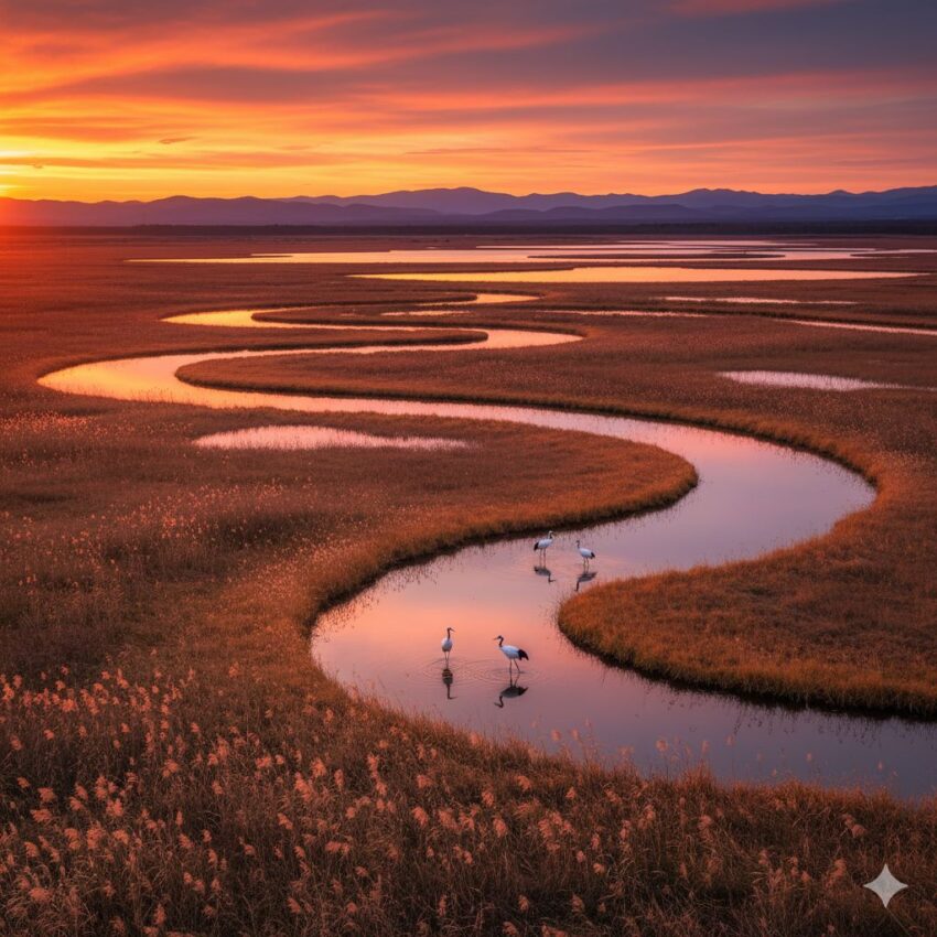 タンチョウの生息地、釧路湿原の雄大な風景