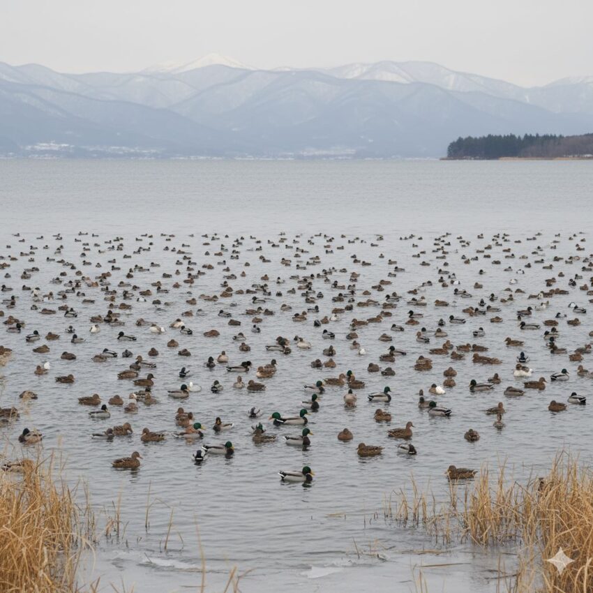 冬の琵琶湖に集まる数千羽のカモ類、日本最大の淡水湖