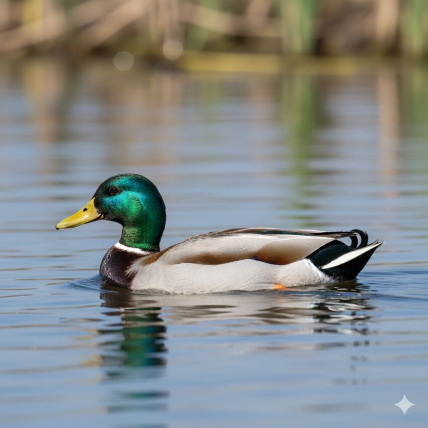 マガモのオス、緑色の頭部と栗色の胸が特徴的