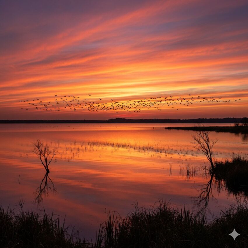 渡り鳥の大群が夕焼け空をV字編隊で飛ぶ壮大な風景