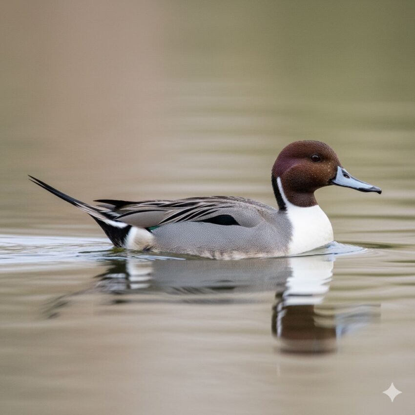 オナガガモのオス、長い尾羽と白い首が特徴
