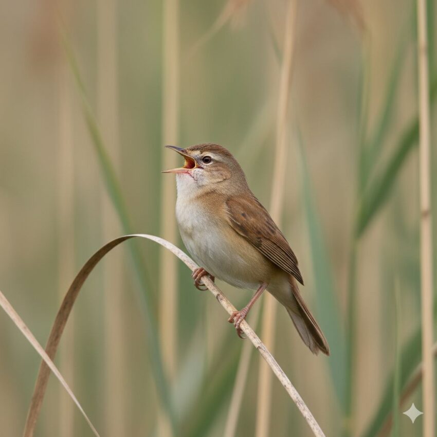 コヨシキリ、地味な茶褐色で細長い体型