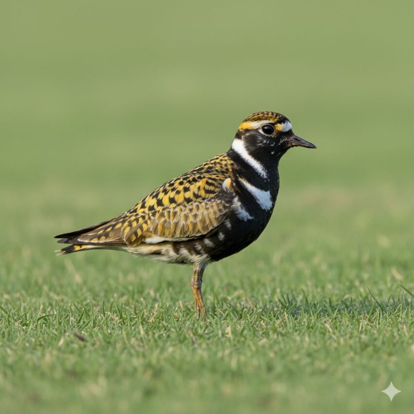 ムナグロ夏羽、顔から腹部が黒く白い眉斑が目立つ