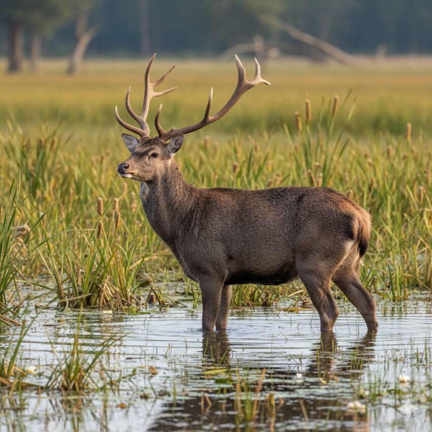 シフゾウが湿地の浅い水の中に立っている様子。水辺に適応した大きな蹄と長い脚が確認できる。