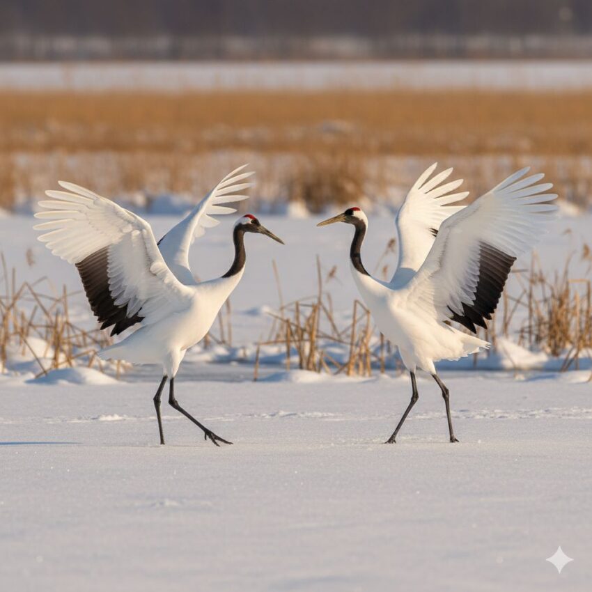 : 雪原で求愛ダンスを踊る2羽のタンチョウ、翼を広げた優雅な姿