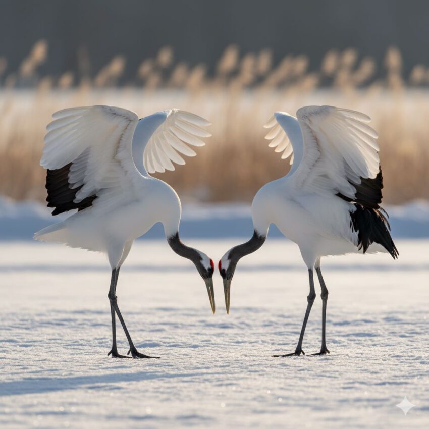 向かい合って求愛ダンスを踊るタンチョウのペア、絆を深める瞬間