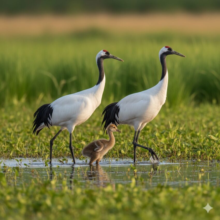 夏の湿原を歩くタンチョウの家族、親鳥に守られる幼鳥