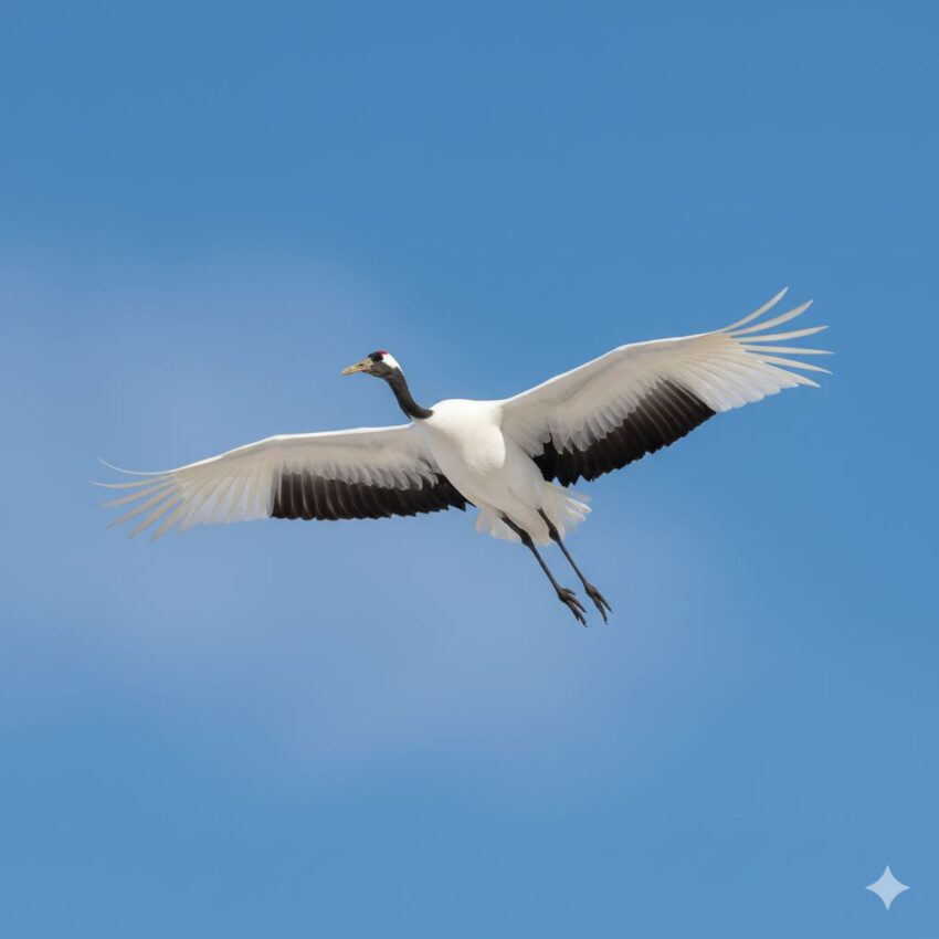 : 青空を飛翔するタンチョウ、240cmの翼を広げた迫力ある姿