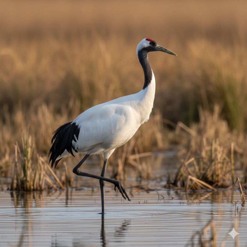 湿原に佇むタンチョウの全身像、白と黒のコントラストが美しい