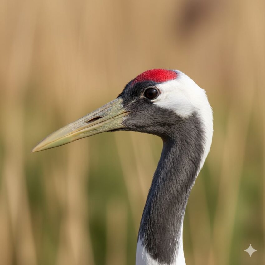 タンチョウの頭頂部のクローズアップ、鮮やかな赤い皮膚が露出