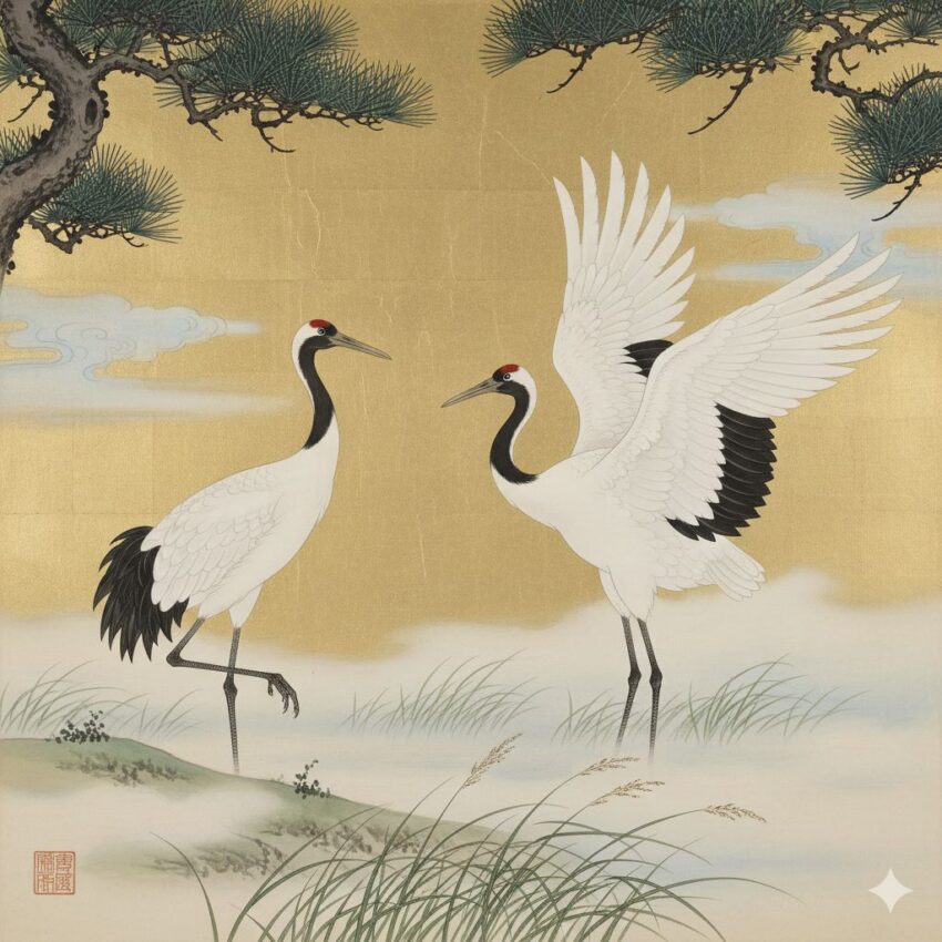 日本画風に描かれたタンチョウ、金箔背景に優雅な姿