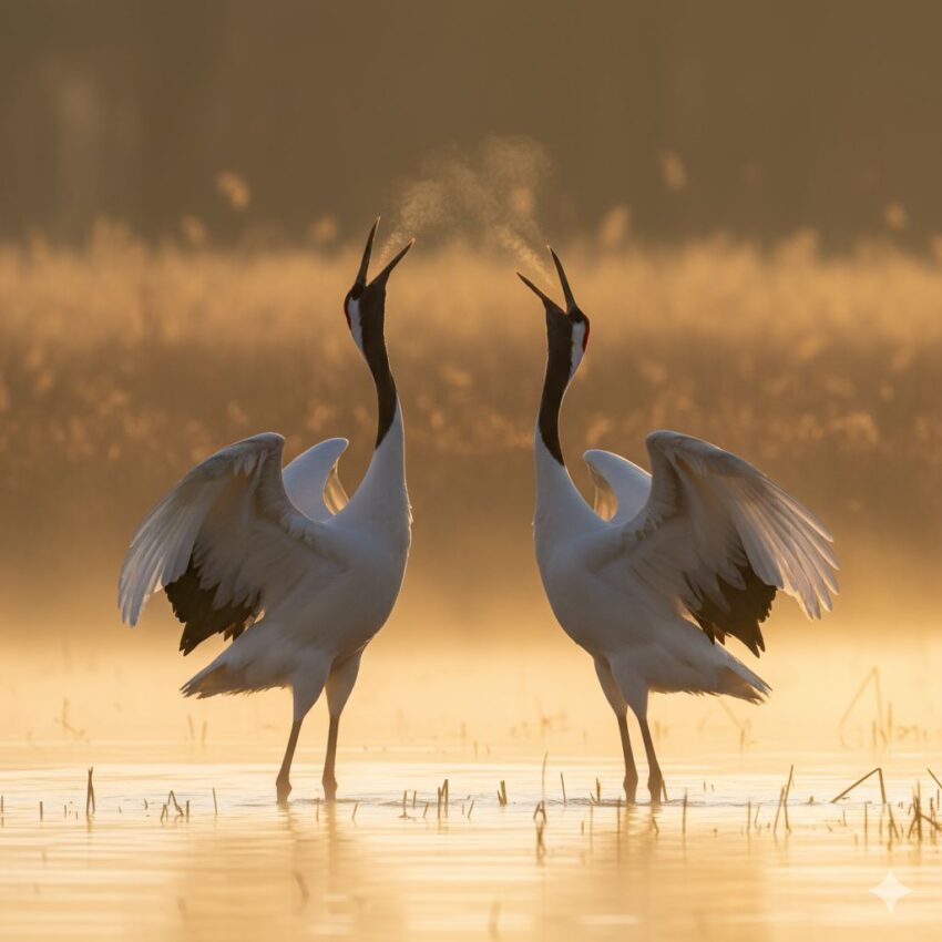 朝霧の中でユニゾンコールを行うタンチョウのつがい