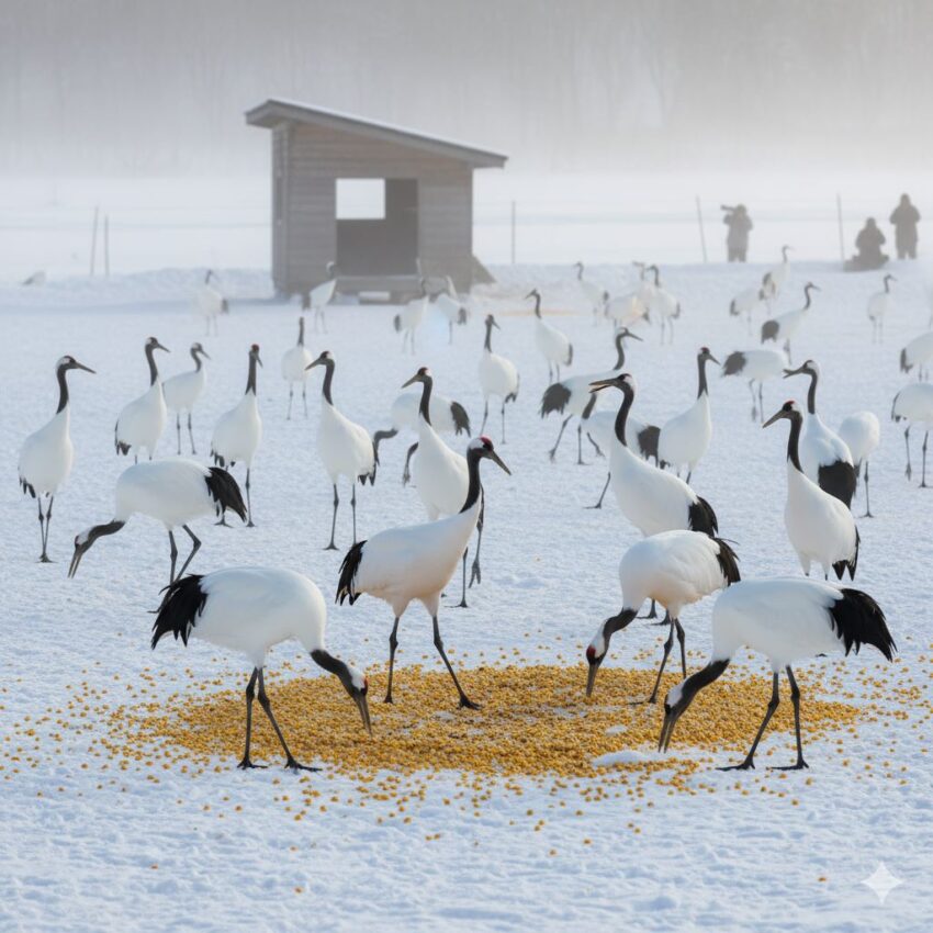 冬季給餌場に集まるタンチョウたち、人工給餌の様子