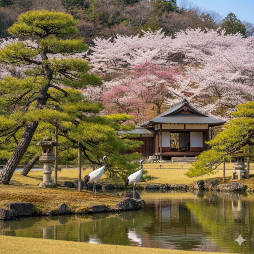 岡山後楽園で飼育されているタンチョウ、日本庭園との調和