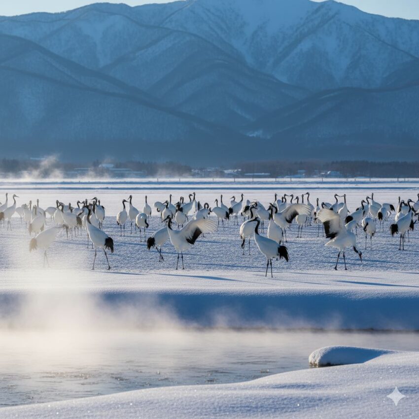 冬の北海道、雪原に集まるタンチョウの大群