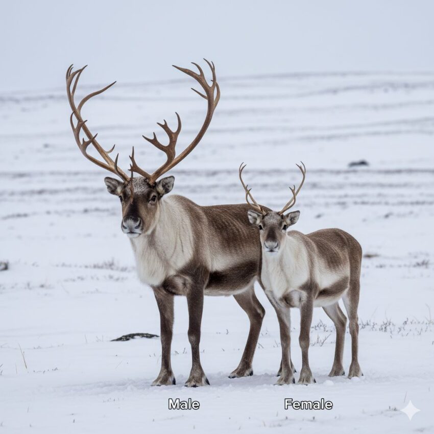 トナカイのオスとメスの並んだ姿。両方に角があることを示している。オスの角はより大きく立派で、メスの角は小さめ。
