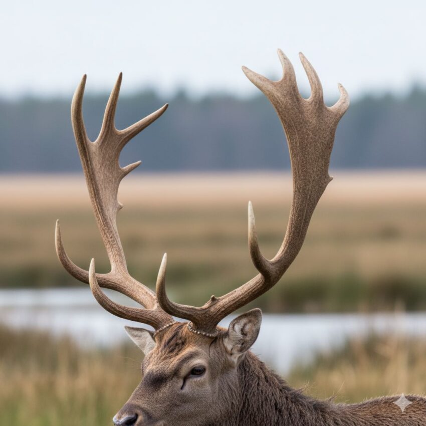 シフゾウの角のクローズアップ。後方に大きく湾曲する独特な形状が明瞭に見える。