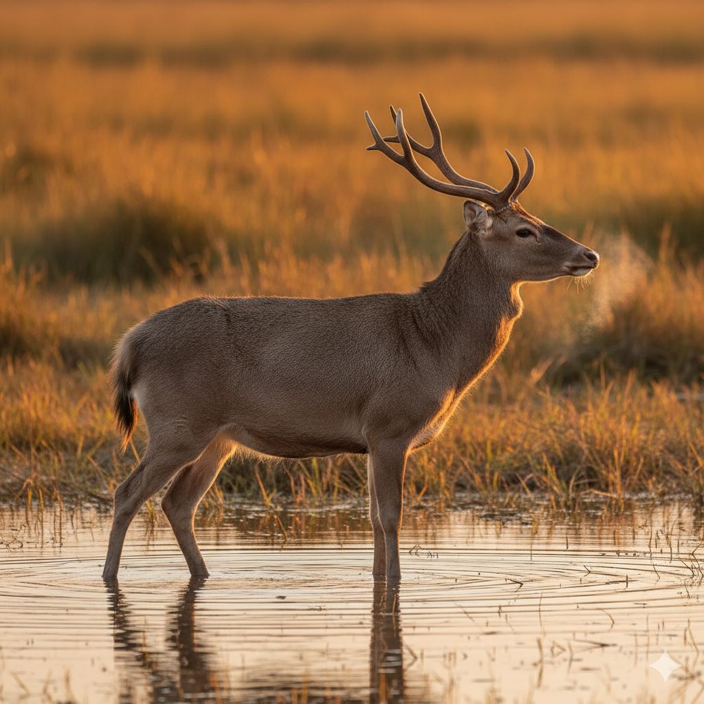 シフゾウ（四不像）が湿地に立つ姿。特徴的な角と大きな蹄が見える