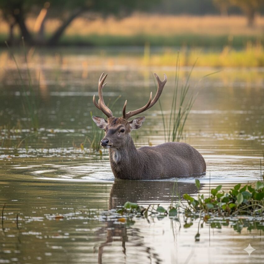 水中を歩くシフゾウ。肩まで水に浸かっている様子