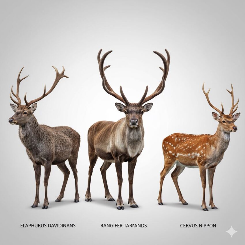 シフゾウ、トナカイ、ニホンジカの3種を横並びで比較した図。それぞれの特徴的な角の形状と体型の違いが明確に分かる。