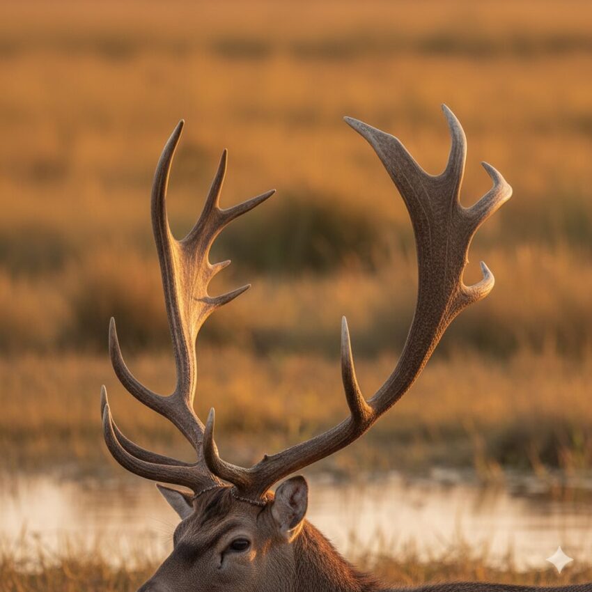 シフゾウのオスの角。後ろ向きに湾曲した独特の形状