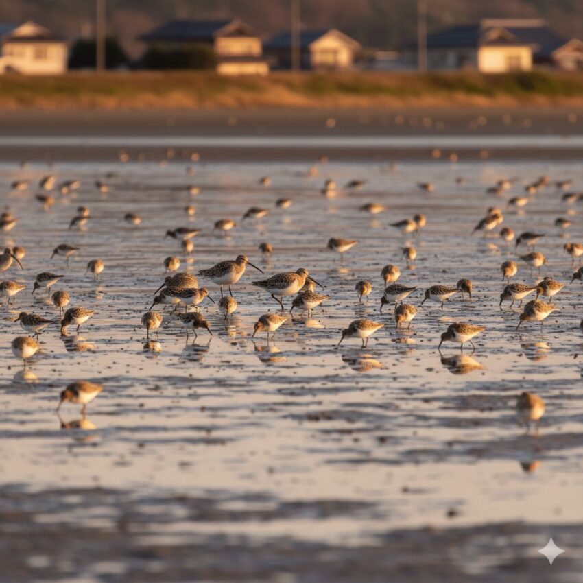 干潟で採餌するシギ・チドリ類の混群、多様な種が集まる様子