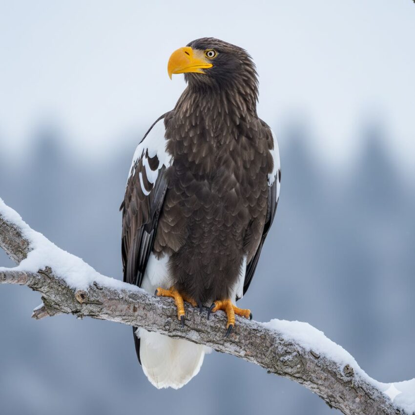 オオワシ、黒褐色の体に白い肩と尾が特徴的な大型猛禽類