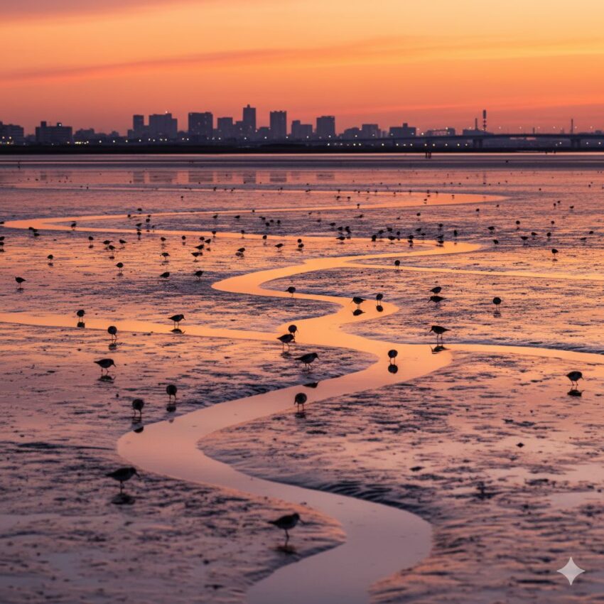 夕暮れ時の干潟風景、渡り鳥の重要な中継地