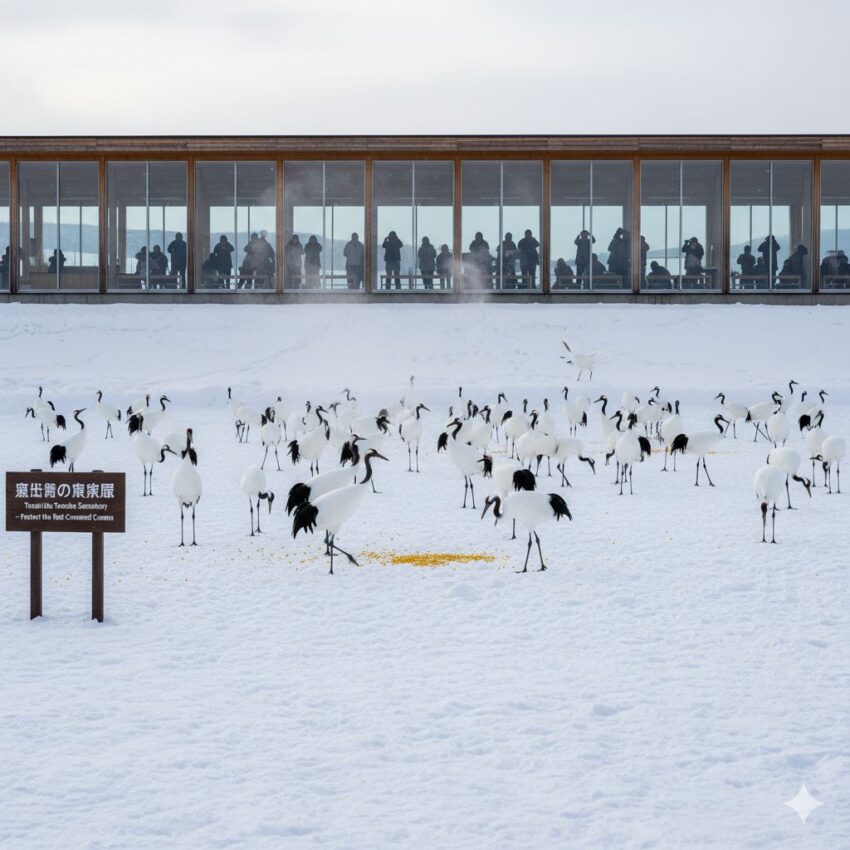 鶴居・伊藤タンチョウサンクチュアリの観察センターと集まるタンチョウ