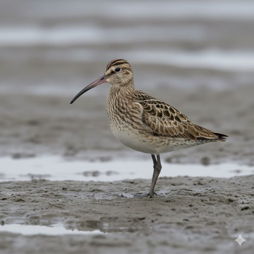 チュウシャクシギ、長く下に曲がったくちばしと縞模様の頭