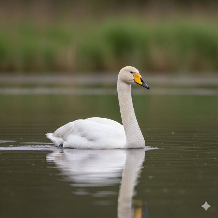 オオハクチョウ、純白の羽毛と長い首、黄色と黒のくちばし