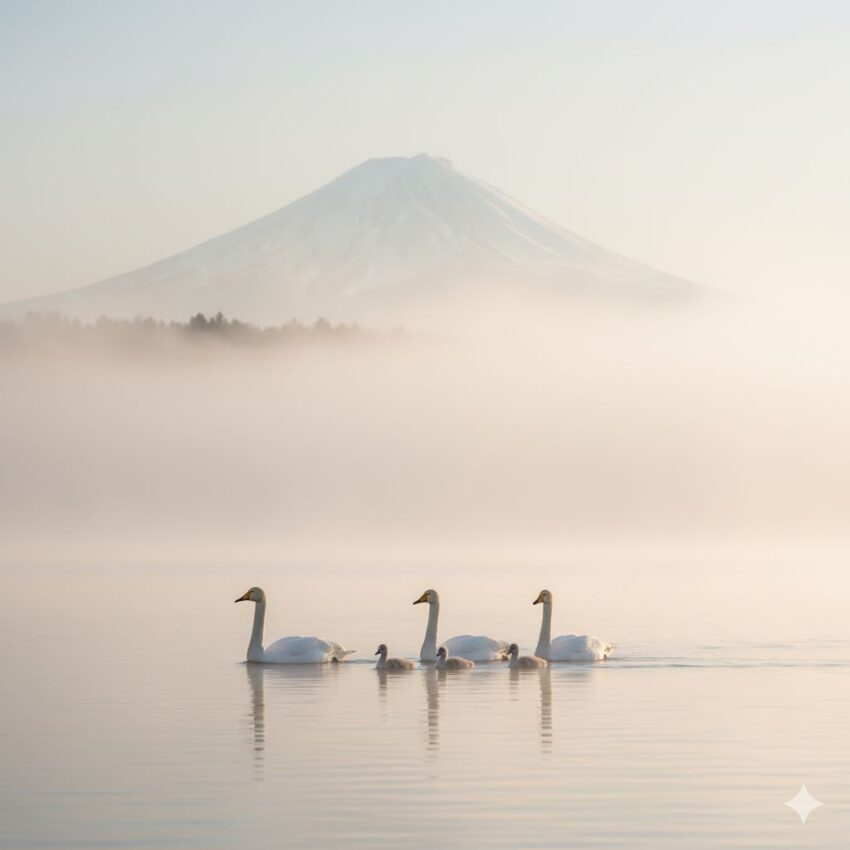 冬の湖で泳ぐオオハクチョウの家族、朝霧の中で優雅な姿