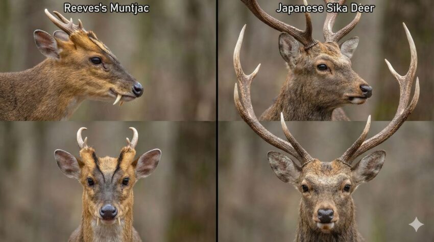 キョンとニホンジカのオスの頭部比較(角と牙の違い)