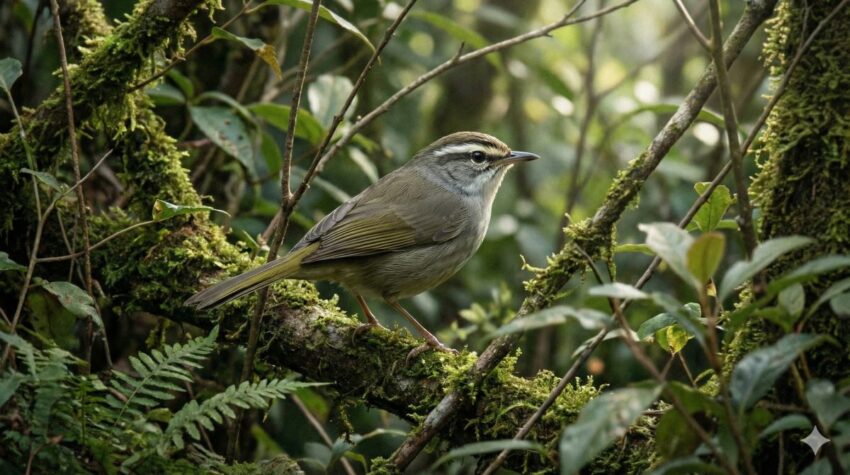 藪の中の枝に止まるウグイス。灰褐色の羽毛と目の上の白い眉斑が特徴的