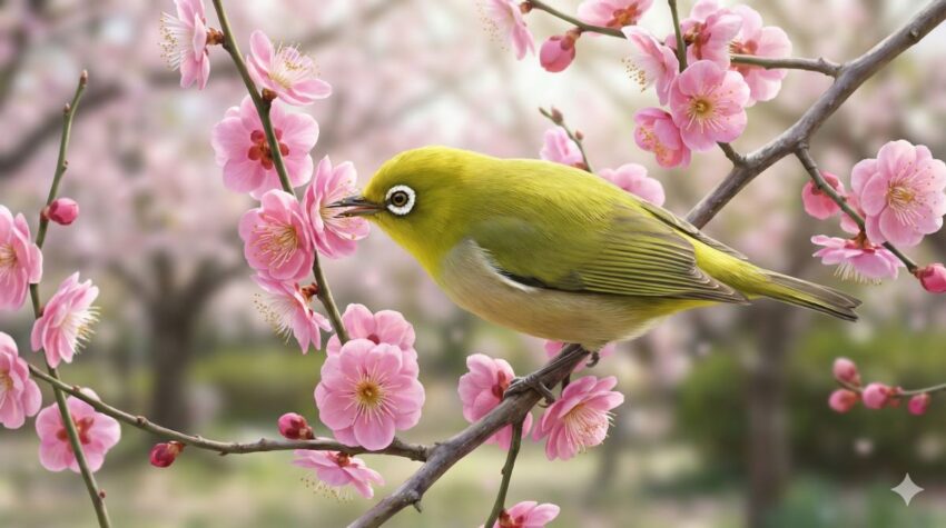 梅の花の蜜を吸うメジロ。鮮やかな黄緑色の羽毛と目の周りの白いアイリングが特徴的