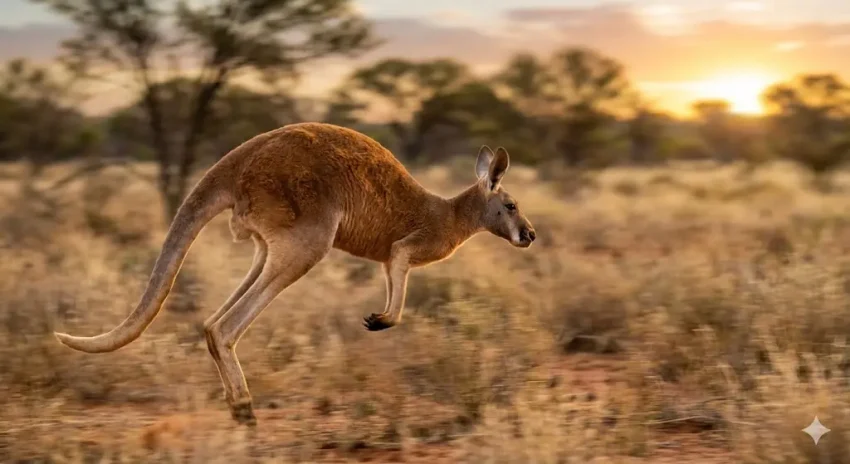 オーストラリアの大地をジャンプで駆け抜けるアカカンガルー